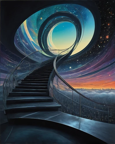 winding steps,stairway to heaven,stairs to heaven,stairway,spiralling,spiral art,time spiral,ascent,galaxy soho,spiral staircase,stairways,heaven gate,staircase,spiral,colorful spiral,stairwell,surrealism,stargates,wormhole,escaleras,Illustration,Black and White,Black and White 23