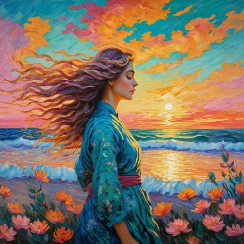 flower in sunset,girl in flowers,dubbeldam,oil painting on canvas,colorful background,girl on the dune,sunset glow,boho art,girl on the river,flower painting,oil painting,art painting,little girl in wind,primavera,painting technique,sunset,harmony of color,flamenca,splendor of flowers,dmitriev,Art,Artistic Painting,Artistic Painting 04