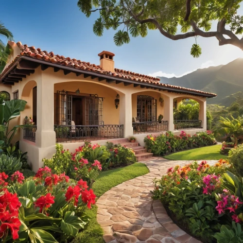 beautiful home,palmilla,hacienda,home landscape,holiday villa,house in the mountains,landscaped,luxury home,casita,country estate,santa barbara,house in mountains,tropical house,bougainvilleans,bungalows,casa,traditional house,country house,florida home,spanish tile,Photography,General,Realistic