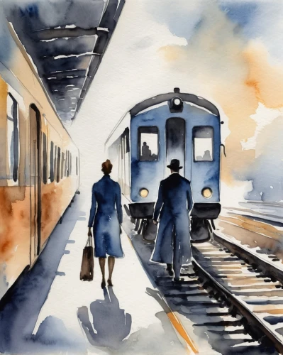 watercolor painting,watercolourist,watercolor,watercolour paint,watercolour,watercolor sketch,watercolours,stationmaster,watercolorist,water color,watercolors,the girl at the station,watercolor blue,coffee watercolor,watercolor background,trenes,last train,ink painting,wodehouse,railwayman,Illustration,Paper based,Paper Based 24