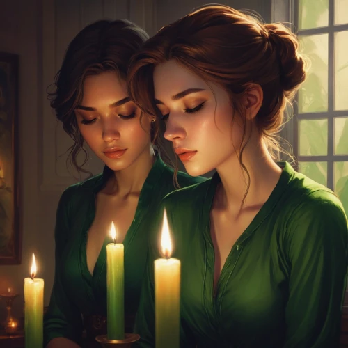 heatherley,candlelit,candlelights,candlelight,priestesses,sorceresses,candle light,burning candle,burning candles,candles,candlemas,game illustration,candlemaker,candlepower,romantic portrait,romantic night,handmaidens,triss,candle,witches,Conceptual Art,Fantasy,Fantasy 17