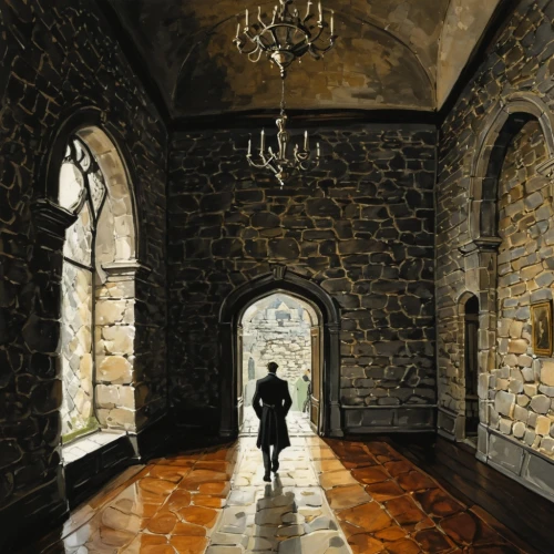 cloistered,corridors,hallway,the threshold of the house,cloisters,hall of the fallen,crypt,undercroft,brehon,passageway,narthex,hospitaller,sacristy,church painting,archways,elopement,passageways,castle of the corvin,anteroom,enfilade,Illustration,Black and White,Black and White 02