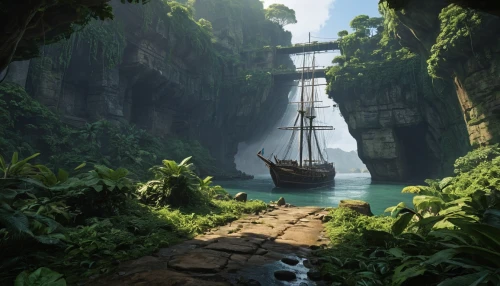 shaoming,fantasy landscape,uncharted,cenote,karst landscape,yamatai,narrows,adventure bridge,undock,boat landscape,cave on the water,fantasy picture,backwater,cenotes,ancient city,docked,cliffside,pirate ship,gangplank,futuristic landscape,Photography,General,Natural