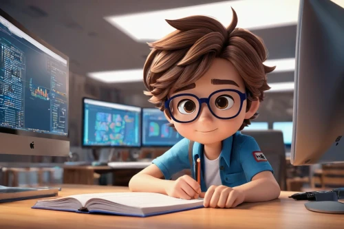 animator,blur office background,seamico,studious,computerologist,cute cartoon character,animating,animation,character animation,coder,animators,compositors,cute cartoon image,bookkeeper,amination,statistician,girl studying,adrien,renderman,smarty,Unique,3D,3D Character