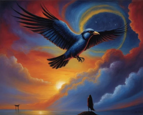 aguila,bird painting,wieslaw,sea swallow,bird in the sky,aguiluz,constellation swan,seagle,night bird,soaring,soar,saker,rapace,oil painting on canvas,dove of peace,freebird,volar,flying bird,fantasy picture,dreamtime,Illustration,Realistic Fantasy,Realistic Fantasy 33