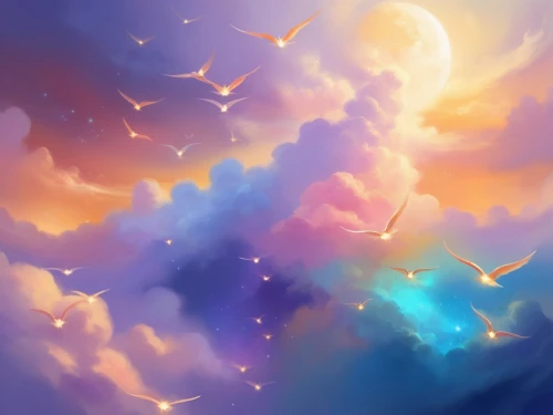 fairy galaxy,sky butterfly,pegasi,dreamscape,heavenward,skyfire,opalescent,colorful stars,skies,dreamscapes,celestial,unicorn background,rainbow clouds,dusk background,sky,butterfly background,wisps,falling stars,sky clouds,summer sky,Illustration,Realistic Fantasy,Realistic Fantasy 01