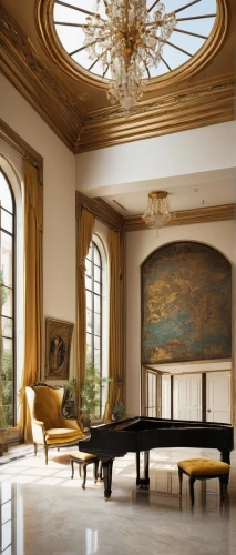 luxury home interior,grand piano,steinway,steinways,fortepiano,cochere,interior decor,the piano,great room,concerto for piano,neoclassical,pianoforte,gustavian,dining room,stucco ceiling,piano bar,foyer,orangerie,interior decoration,ornate room,Illustration,Paper based,Paper Based 19