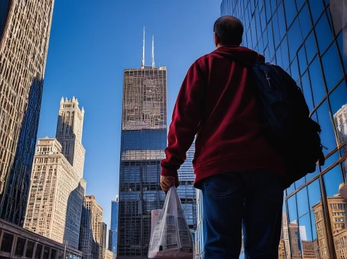 sears tower,willis tower,streeterville,chicago,chicagoan,chicago skyline,tall buildings,rencen,chicagoland,skyscrapers,skycraper,supertall,ctbuh,cbot,walking man,towering,city life,motorcity,dearborn,city ​​portrait,Illustration,Retro,Retro 22