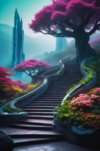 fantasy landscape,futuristic landscape,cartoon video game background,winding steps,3d fantasy,tree top path,fairy world,pathway,fantasy picture,background design,fairy forest,3d background,imaginationland,fractal environment,colorful tree of life,biopiracy,landscape rose,adventure bridge,cartoon forest,the mystical path,Photography,Fashion Photography,Fashion Photography 11