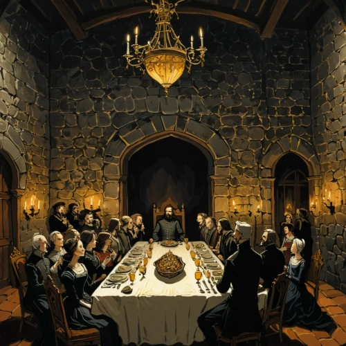 holy supper,gringotts,long table,fellowship,last supper,dining room,dinner party,nargothrond,exclusive banquet,strahd,christ feast,the dining board,dining,council,ketubah,round table,roundtable,dining table,banquets,christmas dinner,Illustration,Black and White,Black and White 02