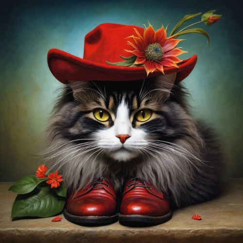 flower cat,cat sparrow,red cat,hatter,cat image,flower animal,tea party cat,vintage cat,alberty,puss in boots,red hat,cute cat,minou,milliner,romantic portrait,cartoon cat,jellicle,funny cat,animals play dress-up,red petals,Illustration,Abstract Fantasy,Abstract Fantasy 16