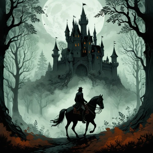 halloween background,haunted castle,halloween illustration,witch's house,fairy tale castle,ghost castle,house silhouette,fairy tale,witch house,halloween poster,halloween wallpaper,nargothrond,fairytale castle,knight's castle,castle of the corvin,ravenloft,strahd,blackmoor,fantasy picture,a fairy tale,Illustration,Black and White,Black and White 02