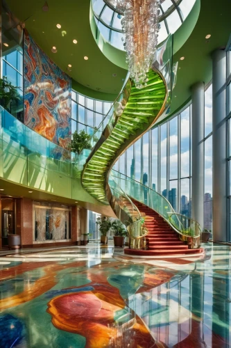 water stairs,atrium,floor fountain,colorful glass,therme,colorful spiral,spiral staircase,hotel lobby,diamond lagoon,glass wall,atriums,gaylord palms hotel,underwater playground,staircase,dragon palace hotel,mashantucket,blavatnik,aquarium,choctaw,glass building,Conceptual Art,Oil color,Oil Color 23