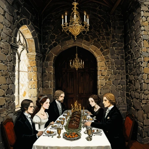 holy supper,dining,dining room,communion,church painting,fellowship,holy communion,eucharist,dinnerstein,last supper,dining table,dinner party,candlestick for three candles,christ feast,puritans,candlemas,outlanders,censers,scriptorium,weasleys,Illustration,Black and White,Black and White 02