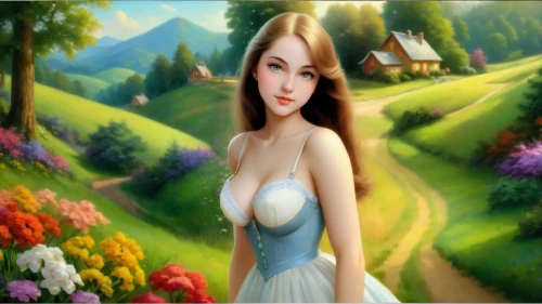 celtic woman,landscape background,fantasy picture,fantasy art,tuatha,cartoon video game background,fairy tale character,margaery,mervat,beleriand,fairyland,springtime background,margairaz,world digital painting,art painting,nature background,fantasy woman,thumbelina,faerie,girl in a long dress