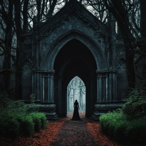 haunted cathedral,creepy doorway,hall of the fallen,dark gothic mood,gatekeeper,gothic portrait,archway,entrada,pilgrimage,gothic woman,forest chapel,gothic,gothic style,the threshold of the house,ghost castle,volturi,threshold,gateway,nunery,portal,Illustration,Realistic Fantasy,Realistic Fantasy 46