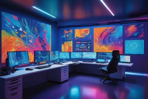 computer room,blur office background,monitor wall,computer workstation,creative office,computer art,modern office,workstations,the server room,working space,monitors,modern room,control center,game room,fractal design,study room,graphic design studio,computerized,computer graphic,cyberarts,Conceptual Art,Oil color,Oil Color 25