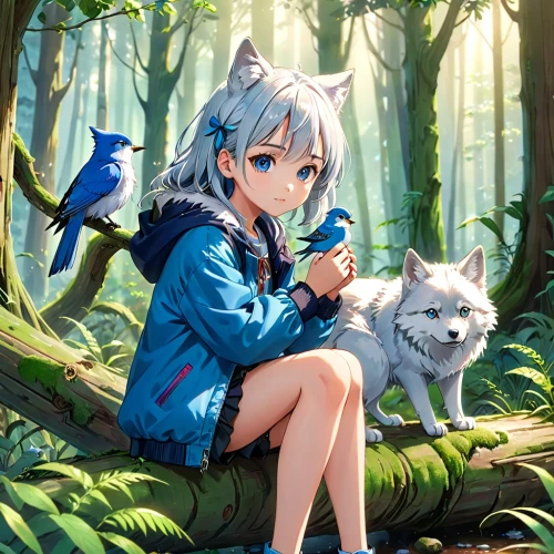 zwei,inu,kagu,yukai,piko,forest animals,forest background,blue bird,inuyasha,kanon,neko,girl with dog,yuhina,cat's cafe,catbirds,ninomaru,furgal,in the forest,kitsune,keine,Anime,Anime,Realistic
