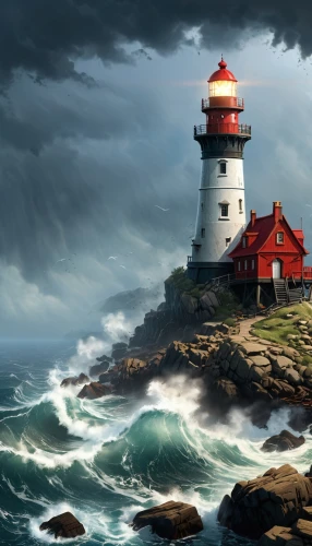 red lighthouse,lighthouse,electric lighthouse,lighthouses,light house,light station,petit minou lighthouse,northeaster,lightkeeper,phare,sea storm,maiden's tower,crisp point lighthouse,point lighthouse torch,world digital painting,storfer,tempestad,weathercoast,stormier,pemaquid,Art,Artistic Painting,Artistic Painting 48