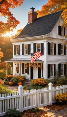 new england style house,old colonial house,country cottage,country house,new england style,new england,fall landscape,lincoln's cottage,beautiful home,americana,farmhouse,traditional house,white picket fence,country estate,homestead,home landscape,cottage,restored home,farm house,autumn decoration,Illustration,Retro,Retro 24