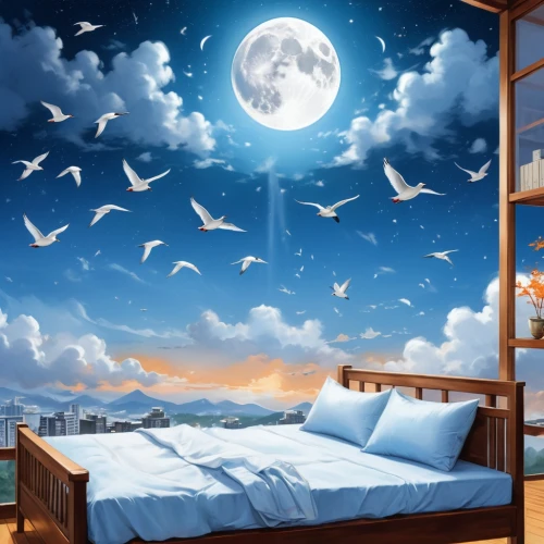 sleeping room,slumberland,dreamscapes,moon and star background,background vector,dreamtime,dreamland,nightflight,dream world,bedclothes,cartoon video game background,night bird,fantasy picture,children's background,dreamlife,dream art,night sky,nocturnal bird,romantic night,bunkbeds,Unique,Design,Character Design