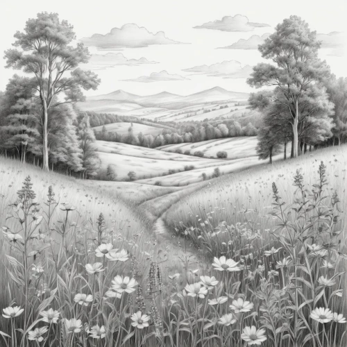 meadow in pastel,salt meadow landscape,meadow landscape,small meadow,spring meadow,meadow and forest,mountain meadow,grassfields,rural landscape,flowering meadow,summer meadow,cow meadow,small landscape,hedgerows,wild meadow,flower meadow,farm landscape,clover meadow,countryside,meadow,Illustration,Black and White,Black and White 30