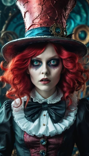hatter,anabelle,redhead doll,ringmaster,alice in wonderland,queen of hearts,raggedy ann,gothic portrait,the carnival of venice,marionette,rasputina,victoriana,painter doll,victorian lady,helsing,splicer,dollmaker,carnivalesque,abigaille,gothic woman,Illustration,Realistic Fantasy,Realistic Fantasy 47