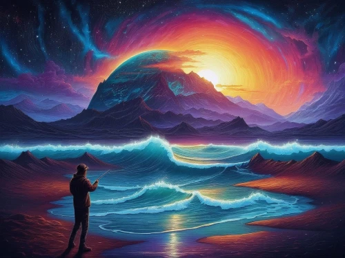 dreamscape,rainbow waves,ocean,the endless sea,lucidity,tidal wave,horizons,ocean background,dream art,fantasy picture,vast,colorful background,seascape,ocean waves,dimensional,space art,ocean paradise,astral traveler,immensity,intense colours,Illustration,Realistic Fantasy,Realistic Fantasy 25