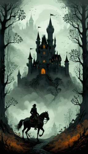 halloween background,haunted castle,halloween illustration,halloween wallpaper,witch's house,ghost castle,castlevania,witch house,halloween scene,knight's castle,halloween poster,fairy tale castle,the haunted house,castle of the corvin,house silhouette,samhain,halloween border,haunted house,blackmoor,ravenloft,Illustration,Black and White,Black and White 02