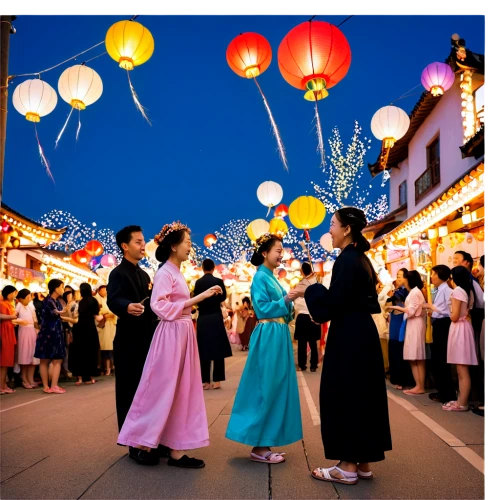 lanterns,japanese paper lanterns,pallonji,chuseok,mid-autumn festival,qibao,spring festival,fairy lanterns,village festival,chaozhou,korean folk village,shuozhou,hanfu,shanghai disney,geishas,obon,tanabata,hoian,korean culture,japanese culture,Illustration,Retro,Retro 05