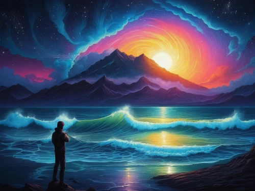 rainbow waves,rainbow background,colorful background,ocean background,dreamscape,fantasy picture,colorful light,dream art,creative background,world digital painting,background colorful,dreamscapes,ocean,holograph,wavefront,horizons,the endless sea,light spectrum,crayon background,starwave,Illustration,Realistic Fantasy,Realistic Fantasy 25