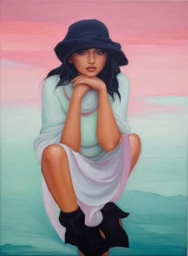 girl wearing hat,mousseau,girl sitting,girl with cloth,woman sitting,girl in a long,oil painting on canvas,oil painting,girl in cloth,oil on canvas,woman thinking,pittura,young woman,girl on the river,girl portrait,caple,girl with a wheel,vettriano,jeanneney,girl with cereal bowl,Illustration,Realistic Fantasy,Realistic Fantasy 45