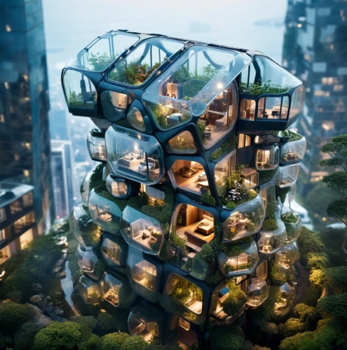 cube stilt houses,cubic house,sky apartment,biospheres,residential tower,futuristic architecture,building honeycomb,multistorey,arcology,tree house,treehouses,tree house hotel,honeycomb structure,ecotopia,animal tower,interlace,the energy tower,bjarke,urban towers,sky space concept,Photography,General,Cinematic