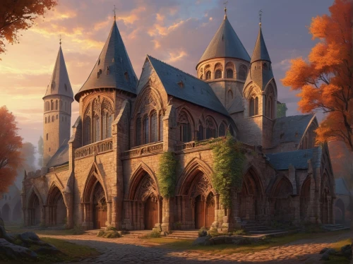 gothic church,nidaros cathedral,hogwarts,haunted cathedral,ecclesiam,fairy tale castle,neogothic,diagon,cathedral,beleriand,fredric church,nargothrond,adelaar,castle of the corvin,monastery,ravenloft,magisterium,church painting,fantasy landscape,riftwar,Illustration,Realistic Fantasy,Realistic Fantasy 27