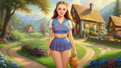 dirndl,fantasy picture,disney character,pinafore,fairy tale character,lorelai,girl in t-shirt,dorthy,fantasy girl,woman with ice-cream,heidi country,world digital painting,disneyfied,springtime background,dressup,storybook character,fantasyland,waitress,landscape background,countrygirl