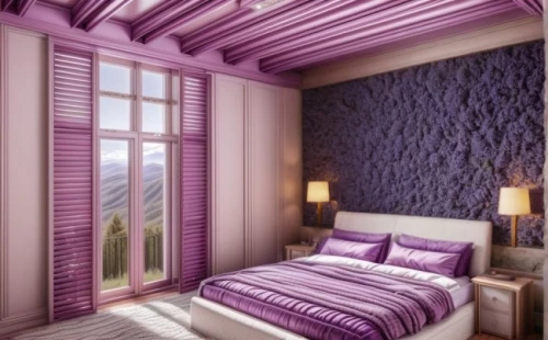 sleeping room,wallcoverings,wall,patterned wood decoration,interior decoration,headboards,bedroom,chambre,guest room,3d rendering,wallcovering,great room,bedrooms,wall plaster,wallpapering,decortication,rovere,bedroomed,purple landscape,modern room