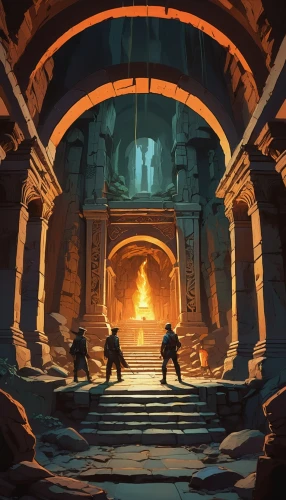 hall of the fallen,conclave,game illustration,catacombs,mausoleum ruins,monks,pyrotechnicians,sepulchres,servitors,khandaq,mineworkers,guards of the canyon,dungeon,dungeons,crypts,ruins,portal,monastery,foundries,fireplaces