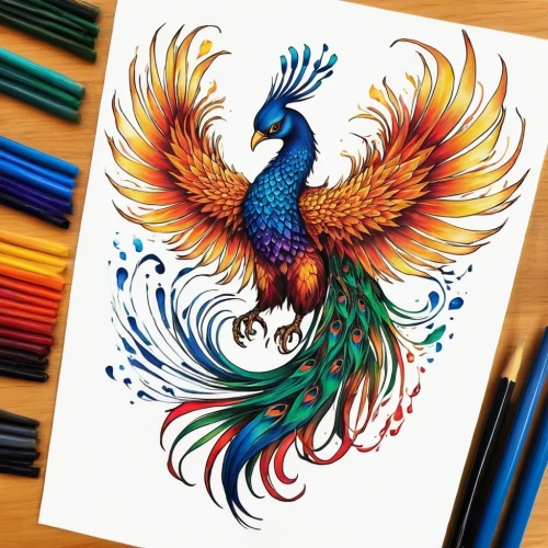 phoenix rooster,watercolor bird,colorful birds,ornamental bird,an ornamental bird,phoenixes,bird illustration,flower and bird illustration,bird painting,bird drawing,uniphoenix,fenix,color feathers,blue and gold macaw,phenix,peacock,colourful pencils,pheonix,feathers bird,fairy peacock,Illustration,Japanese style,Japanese Style 12