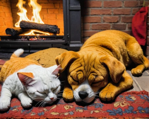 dog - cat friendship,dog and cat,warm and cozy,warmth,fireside,log fire,domestic heating,bassets,bassetts,fire place,warming,cosy,cosier,dubernard,cozier,hygge,warmers,fireplaces,two cats,warmed,Illustration,American Style,American Style 12