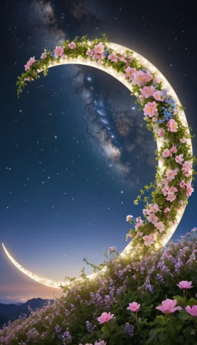 crescent moon,moon and star background,moonflower,flowers celestial,rose wreath,moon and star,wreath of flowers,hanging moon,blooming wreath,moon and foliage,circumlunar,crescent,night-blooming jasmine,ostara,flower wreath,cosmic flower,stars and moon,cosmos,time spiral,sakura wreath,Photography,General,Realistic
