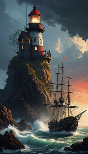 lighthouse,lighthouses,light house,red lighthouse,electric lighthouse,petit minou lighthouse,lightkeeper,sail ship,phare,sea sailing ship,world digital painting,schoolship,sailing ship,sailboat,sail boat,sailing,maiden's tower,caravel,lightship,pirate ship,Conceptual Art,Oil color,Oil Color 08