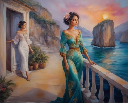 fantasy picture,fantasy art,rhinemaidens,oil painting on canvas,coville,caftan,art painting,romantic portrait,world digital painting,dorne,cyclades,donsky,inanna,mikimoto,follieri,promenade,maidens,girl in a long dress,struzan,atlantica,Illustration,Paper based,Paper Based 04