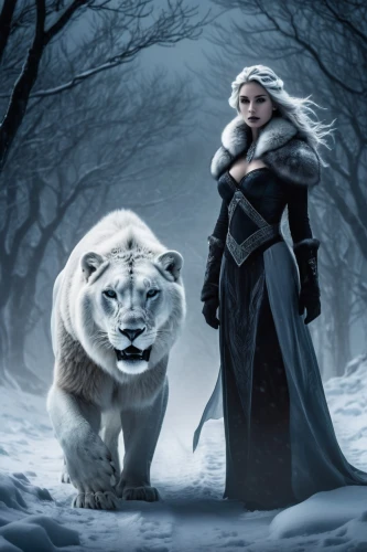 the snow queen,lionesses,she feeds the lion,white rose snow queen,sigyn,stormfury,eternal snow,imerys,targaryen,white wolves,fantasy picture,heroic fantasy,icea,ice queen,winterfell,valar,lycans,protectress,panthera,elenore,Conceptual Art,Fantasy,Fantasy 34