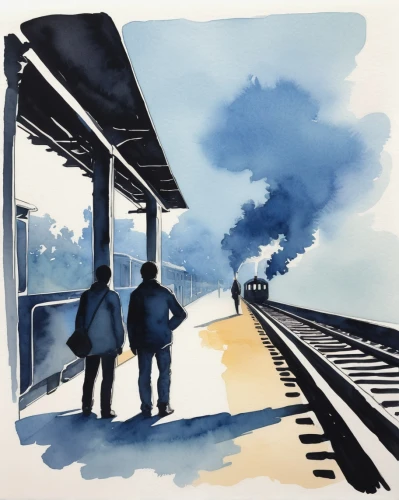 trainspotters,railworkers,commuters,watercolor blue,trainmen,railwayman,watercolor sketch,metra,railwaymen,watercolor,railroad,early train,spoor,the girl at the station,last train,train station,trains,watercolor painting,surfliner,long-distance train,Illustration,Paper based,Paper Based 07