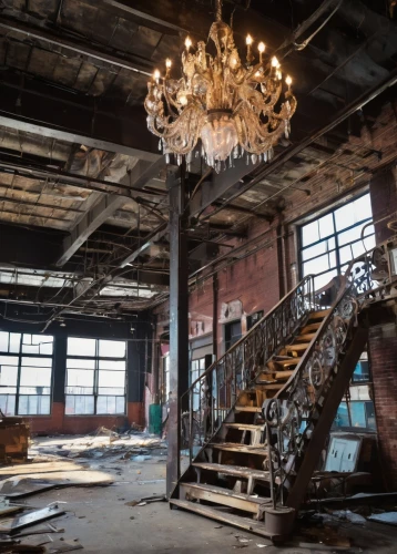 abandoned factory,luxury decay,lofts,empty factory,factory hall,loft,brickworks,brickyards,urbex,abandoned places,warehouse,derelict,dereliction,upstairs,steel stairs,abandoned building,abandoned place,empty interior,chandeliers,old factory,Conceptual Art,Oil color,Oil Color 21