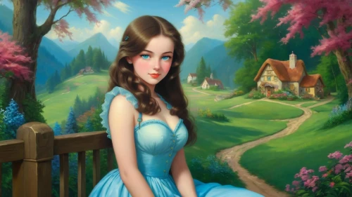 fairy tale character,fantasy picture,storybook character,girl in the garden,girl in a long dress,aerith,dorthy,anarkali,princess sofia,belle,landscape background,children's background,cinderella,jasmine blue,rosa 'the fairy,spring background,fantasy girl,ninfa,fantasy art,dorothy