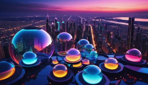 glass balls,colorful balloons,spheres,futuristic landscape,glass sphere,fantasy city,colored lights,futuristic architecture,glass ball,colorful city,blue spheres,colorful glass,roof domes,lensball,guangzhou,rainbow color balloons,skycycle,dubay,lightwaves,colorful light,Illustration,Paper based,Paper Based 14