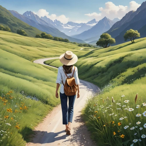 walking in a spring,landscape background,world digital painting,travel woman,nature background,girl walking away,meadow landscape,woman walking,alpine meadow,springtime background,countrywoman,salt meadow landscape,trekking,donsky,the valley of flowers,grassfields,alpine meadows,suitcase in field,sojourning,spring background,Photography,General,Realistic