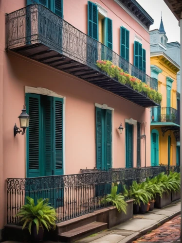 french quarters,new orleans,row houses,rowhouses,dumaine,neworleans,marigny,old colonial house,townhouses,mizner,rowhouse,san juan,shutters,nola,sanjuan,marignac,row of houses,white picket fence,beautiful buildings,balconies,Conceptual Art,Sci-Fi,Sci-Fi 18