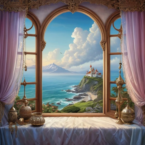 fantasy picture,window with sea view,fantasy landscape,windows wallpaper,frederic church,window to the world,fantasy art,sea fantasy,3d fantasy,landscape background,dreamscapes,the window,fantasy world,lachapelle,fairy tale castle,the little girl's room,bedroom window,neverland,an island far away landscape,fairy tale,Photography,General,Realistic